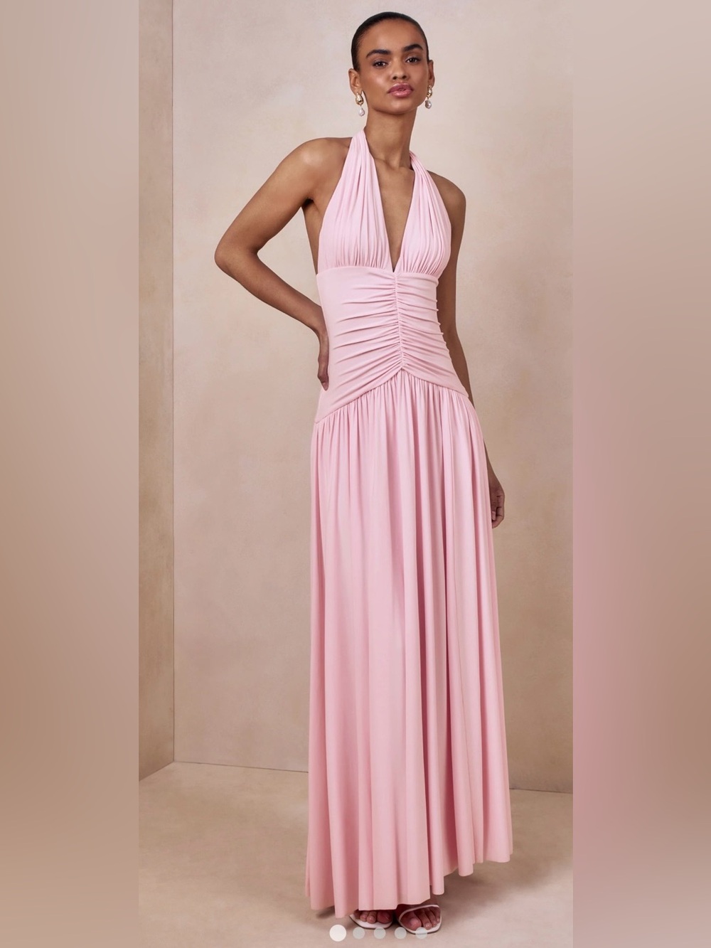 Pink Ruched Halter Maxi Dress